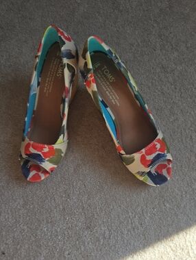 TOMS Floral Peep-Toe Heels in Red, Blue, Green, Yellow